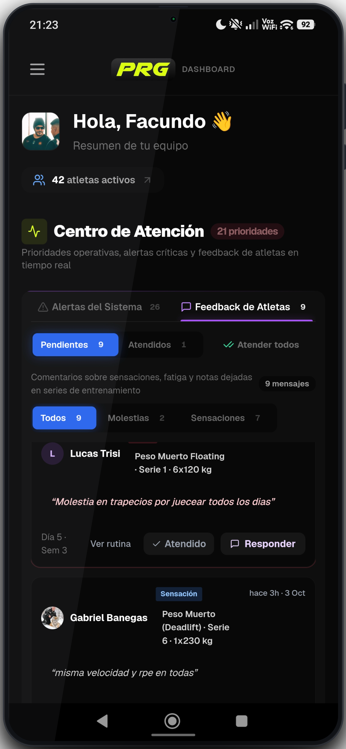 App del atleta en el celular