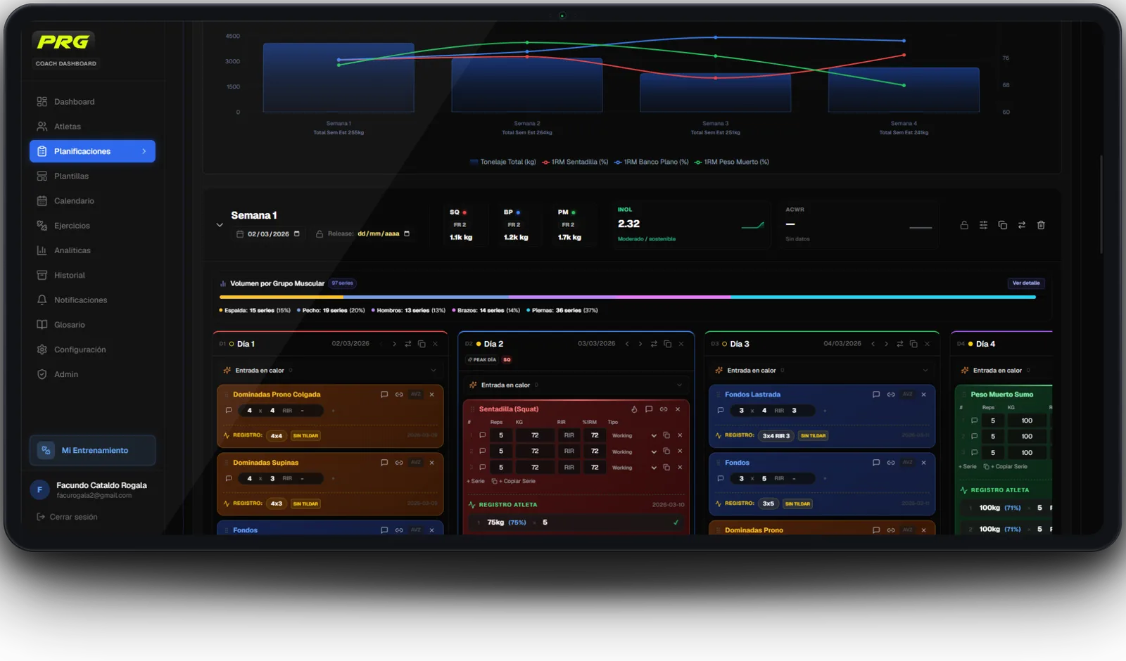 Tablet con el dashboard del coach: planificaciones, volumen y la semana del bloque